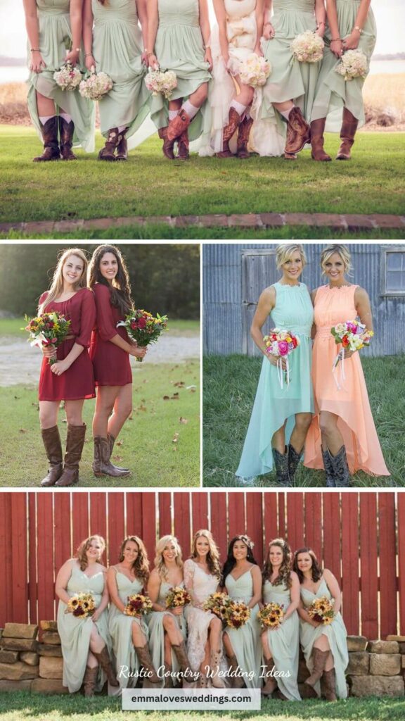 Cowgirl boots and country style dresses in vibrant colors are perfect for a wedding with a rustic feel.