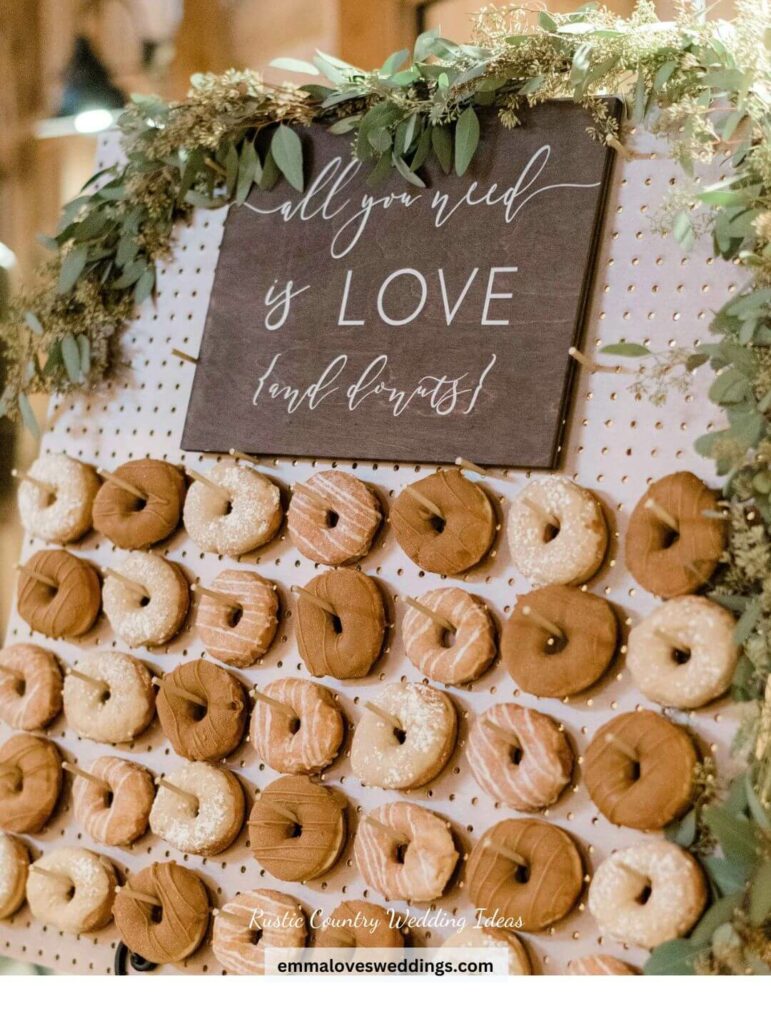 Donut sign with the words All you need is love for a rustic country wedding