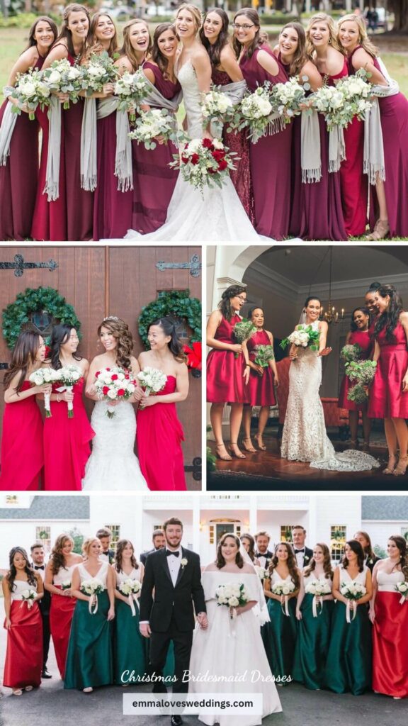Dresses for the bridesmaids in red and the bride in white are a classic and elegant choice for a Christmas wedding