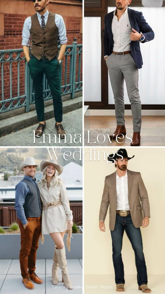 Dressing up as a country wedding guest in jeans and a cowboy hat is a stylish option for males
