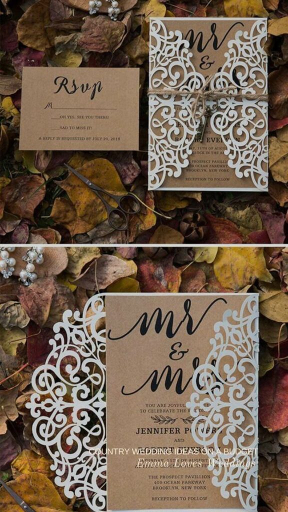 Elegant and down to earth these rustic wedding invitations with lace are perfect for barn ranch or farmhouse weddings.