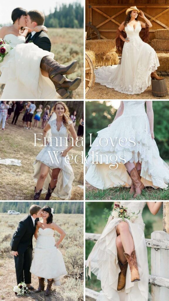 Elegant and fashionable brides wearing country wedding dresses with boots