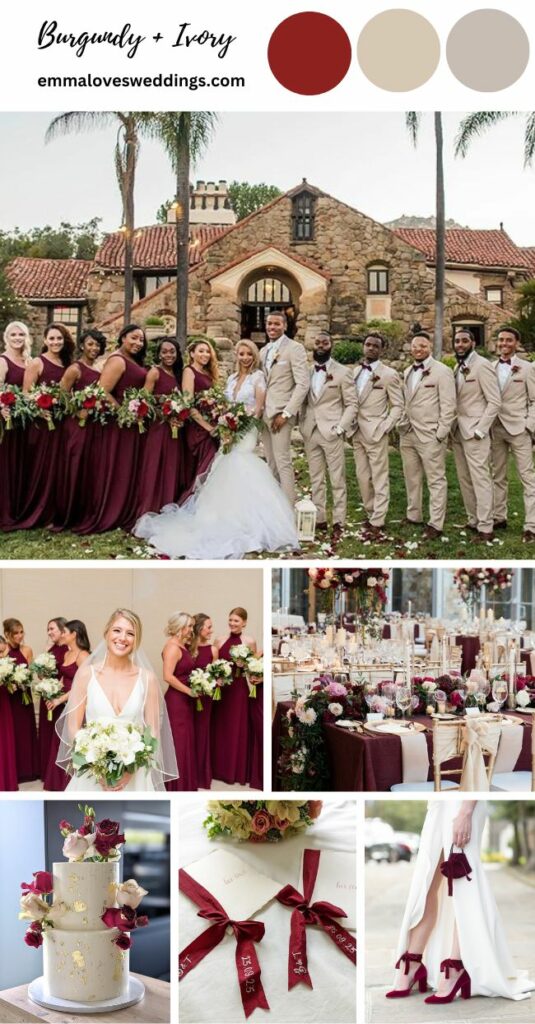 Elegant sophistication is added to the wedding by using ivory as an accent color to the primary color burgundy