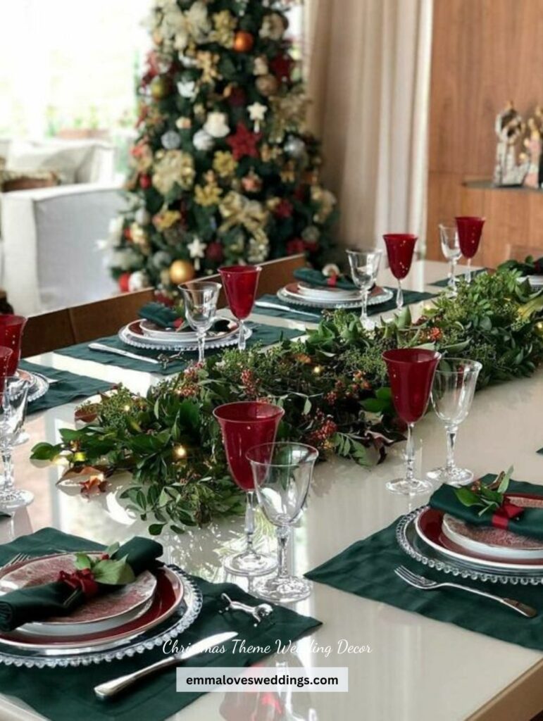 Elegant touches like this red and white glass and green napkin at the table make for a stunning Christmas theme wedding