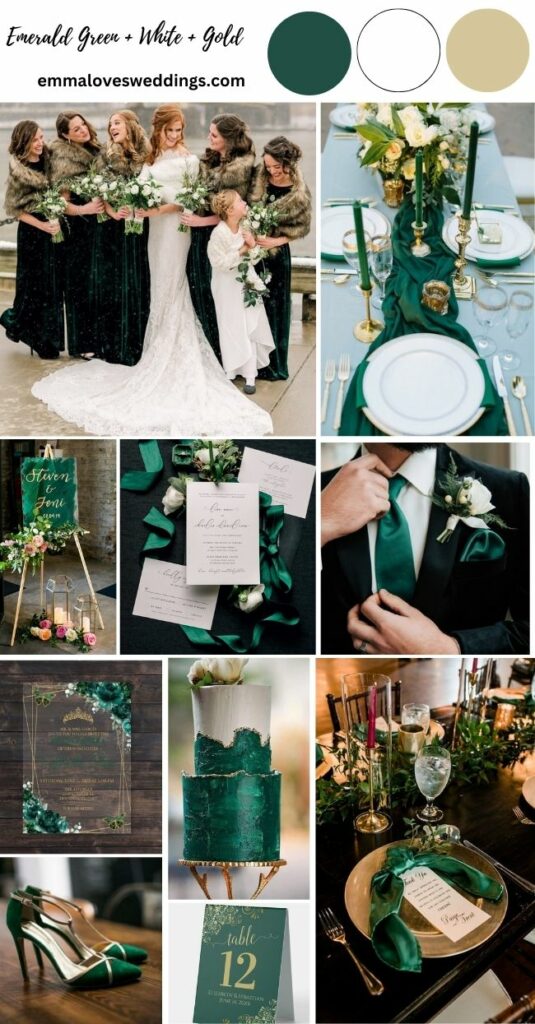 Emerald green white and Gold winter wedding colors ideas