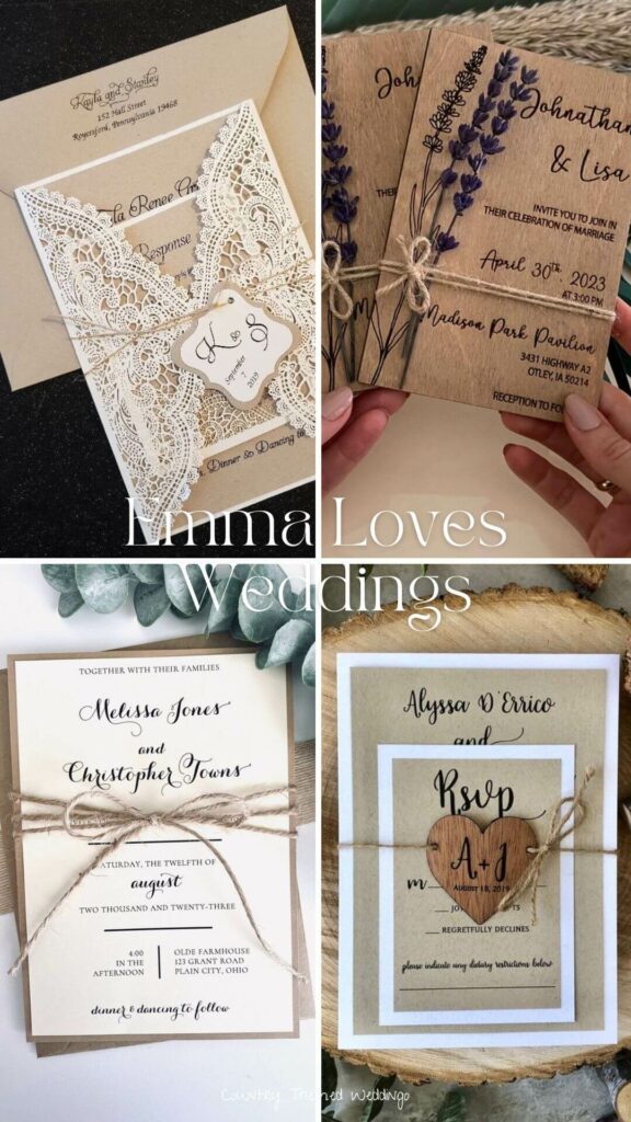 Fabulous inspiration for a Country Wedding Theme these stylish rustic invites are adorned with lace and burlap ribbons.