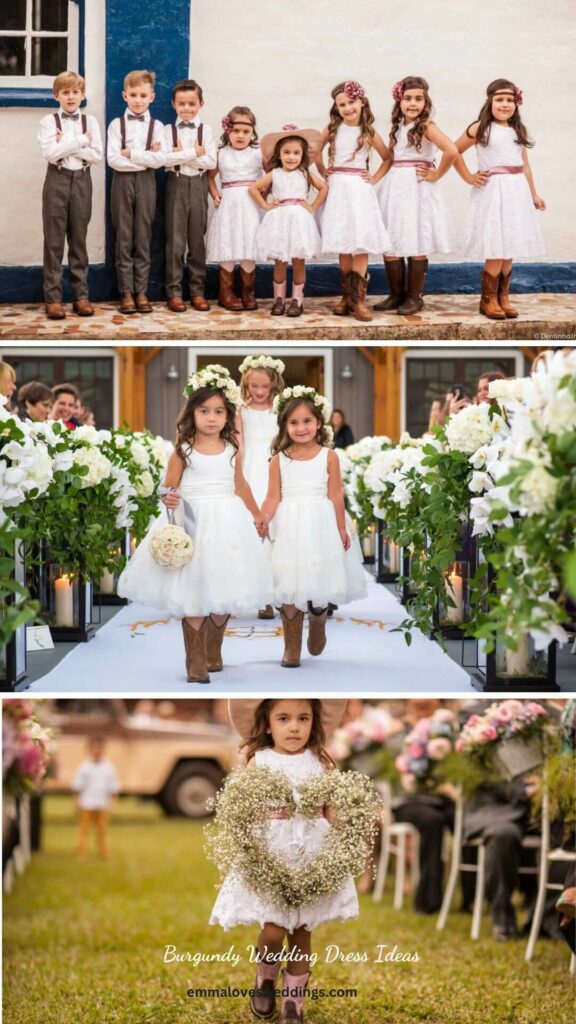 Flower girls Ring bearer at a country wedding wear pretty dresses and cowboy boots