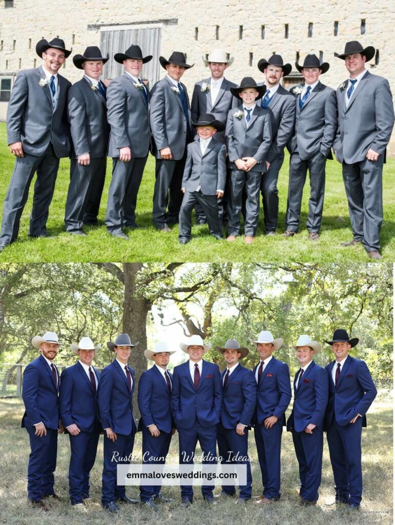 Groom and groomsmen in boots. The design should have a country vibe to match the simple pleasant theme