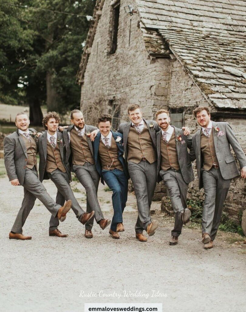 Mens wedding attire with bright accent colors are ideal for rustic weddings in the country.