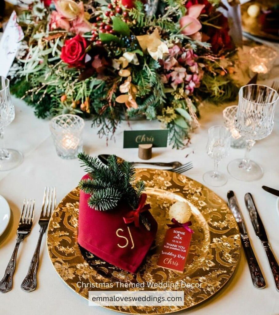 Napkins with a gold metallic monogram are featured on Christmas themed wedding