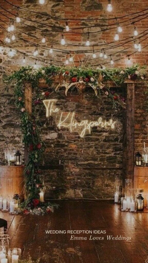 Neon sign provides a classy setting for wedding decorations.