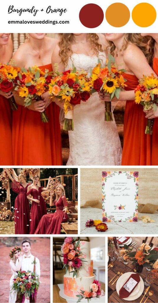 One of the most classy burgundy wedding color palettes ideas is to use Burgundy and Orange to create a cozy and welcoming ambiance for a fall wedding