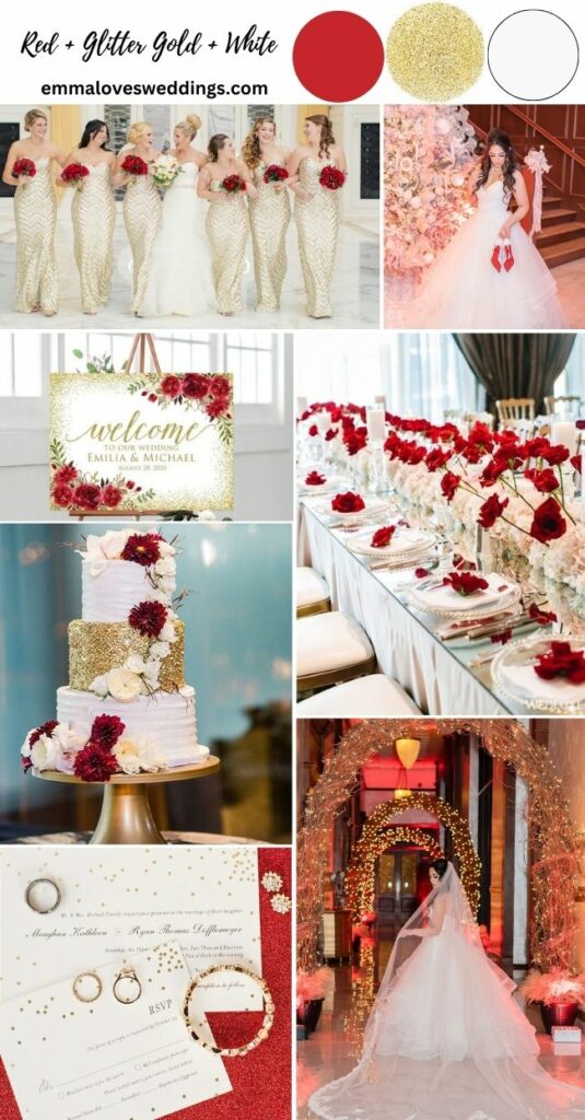 Red Glitter gold and white wedding color palette ideas for Christmas