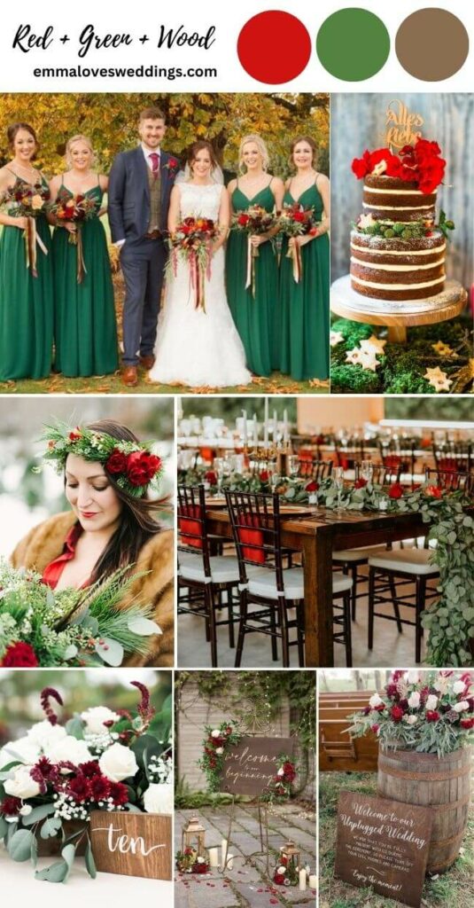 Red Green and wood winter wedding color palette ideas for Christmas themed wedding