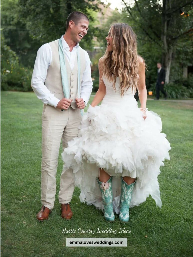 Rustic country wedding with bride in blue cowboy boots and groom in khaki suit and sea glass tie.