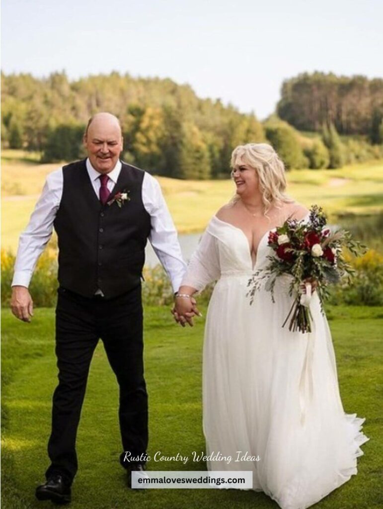 Stylish country wedding dress for the curvy bride complete with a bouquet of wildflowers