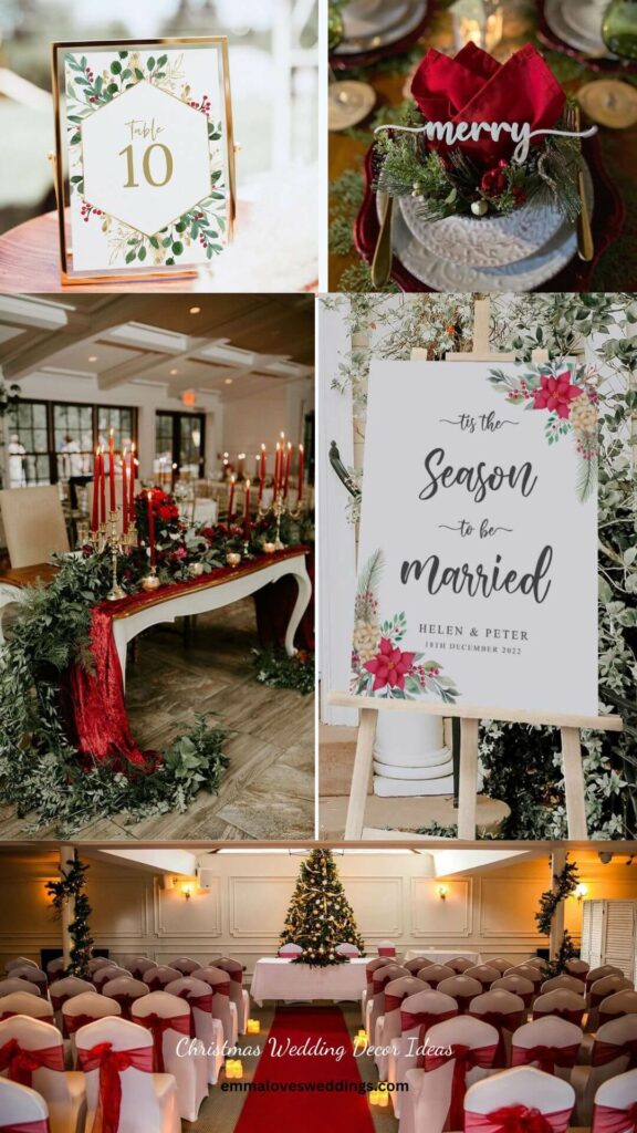 Take a look at this elegant table to decore and stylish wedding sign—a great twist on the classic Christmas celebration