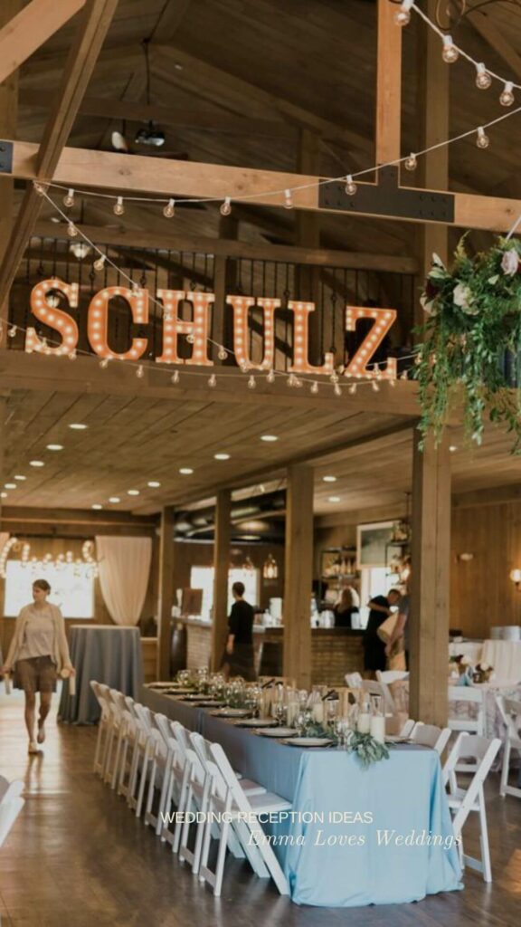 The "CHULZ" Marquee lights added a touch of romance to this wedding reception.