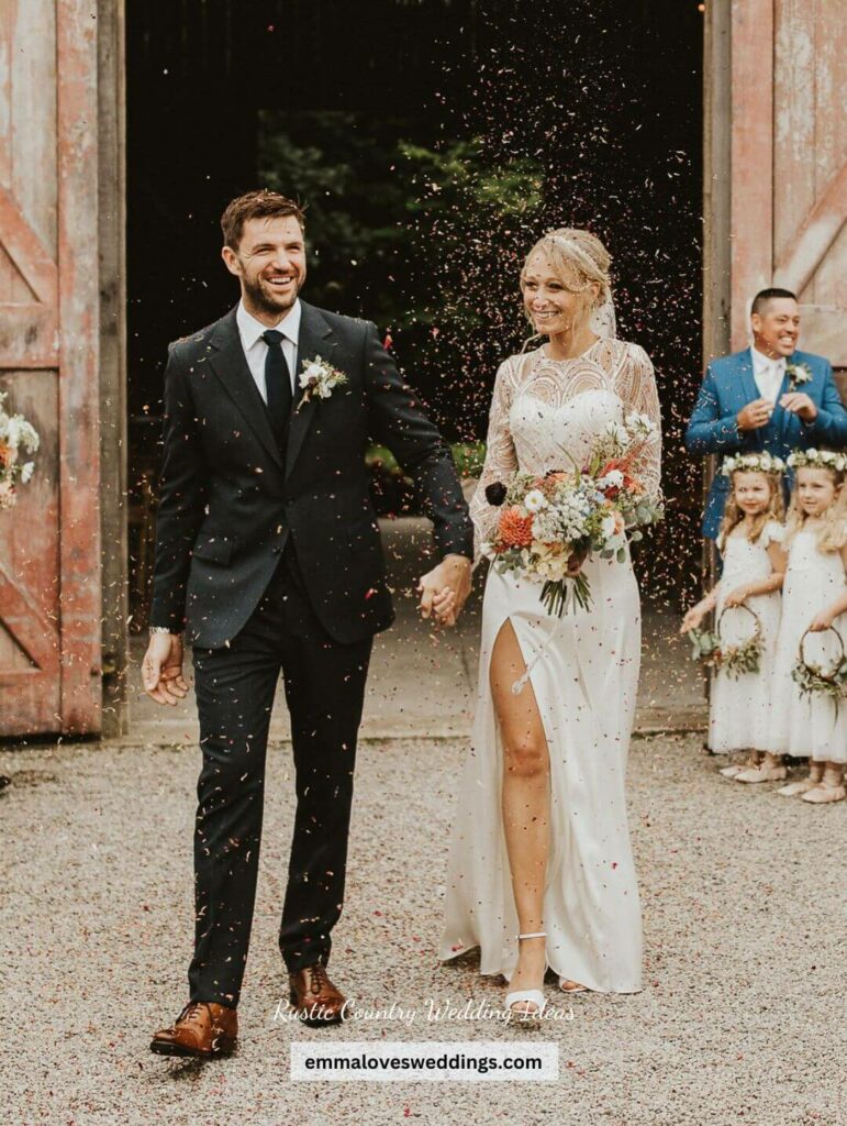 The bride and groom are dressed out in glitzy and glamorous wedding attire for their rustic country wedding.