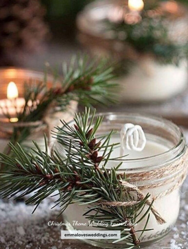 The fragrance of a candle lit over the holiday season is a wonderful Christmas wedding favor of thanks for guests to take home
