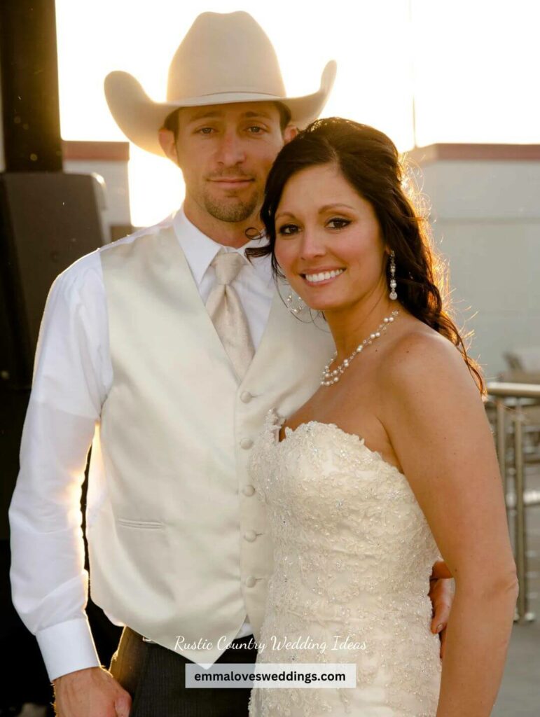 The groom in ivory waistcoat tie and cowboy hat to complement the country brides strapless sweetheart gown.