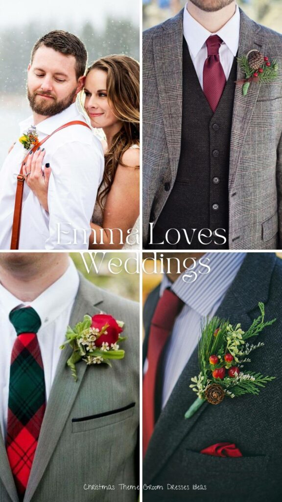 The magnificent winter boutonnieres and elegant Christmas wedding dress are a lovely option for the groom