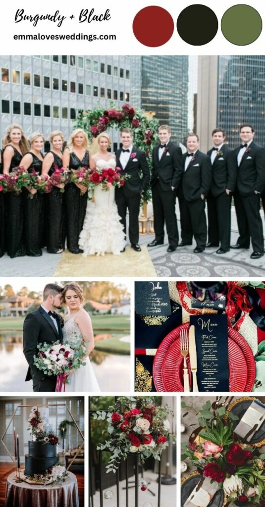 The striking color palette of burgundy and black for a wedding is sure to make an impression