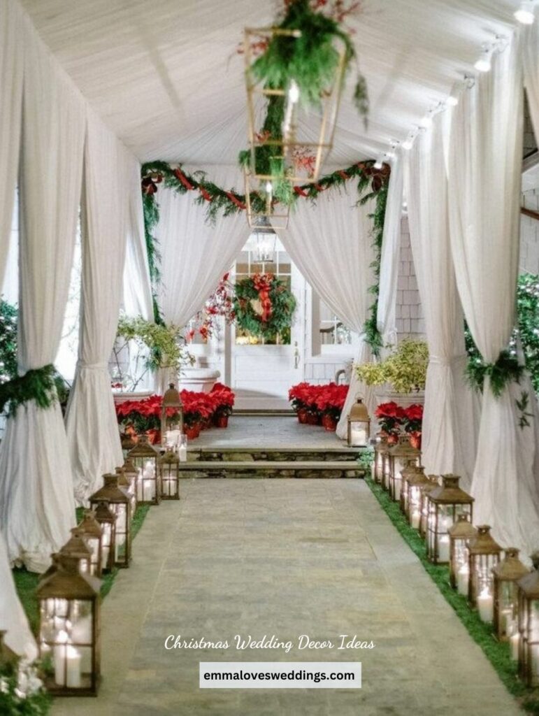 The use of lanterns to create a stylish Christmas wedding aisle is a highly unique idea