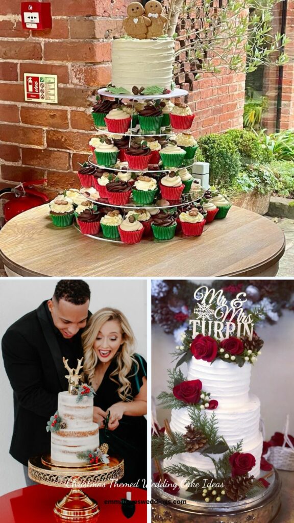 The vibrant reds and greens of these Christmas themed wedding cakes are killing me