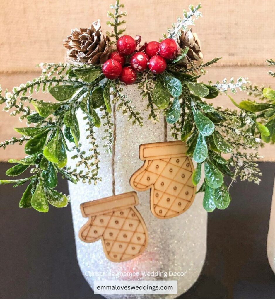 These frosted mason jars are a unique way to add a touch of Christmas cheer to your wedding reception