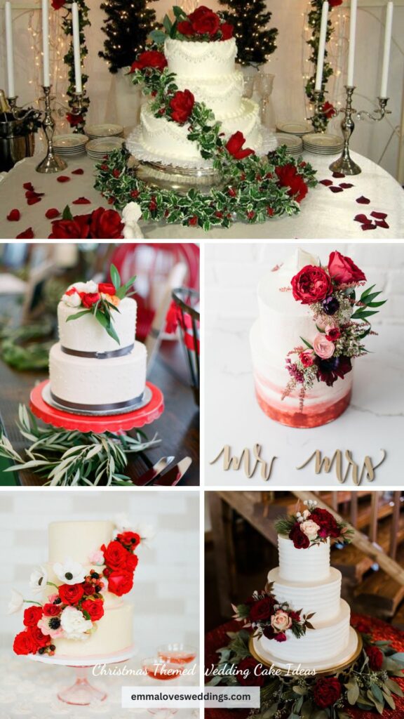 These red roses look very festive on this white wedding cake for Christmas