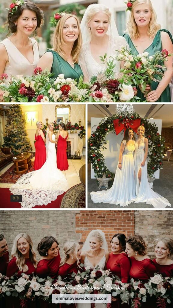These white red and green bridesmaid dresses are a beautiful addition to any Christmas wedding celebration