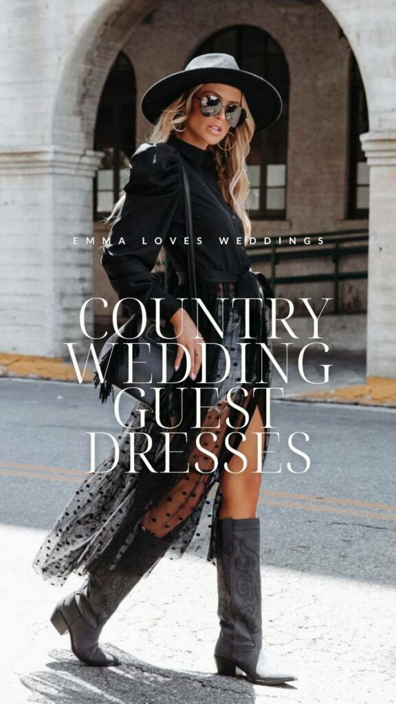 This chic black country wedding guest dress with boots and cowboy hats is perfect for a rustic wedding