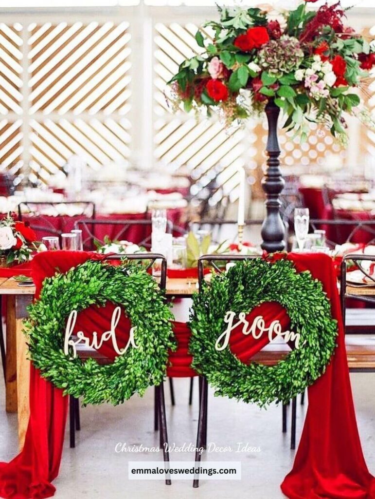 These festively decorated chairs are a wonderful idea addition to any Christmas theme wedding