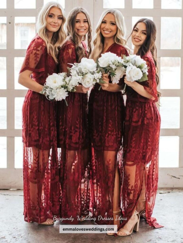 This long burgundy lace wedding dress will make the bridesmaid look airy and lovely.