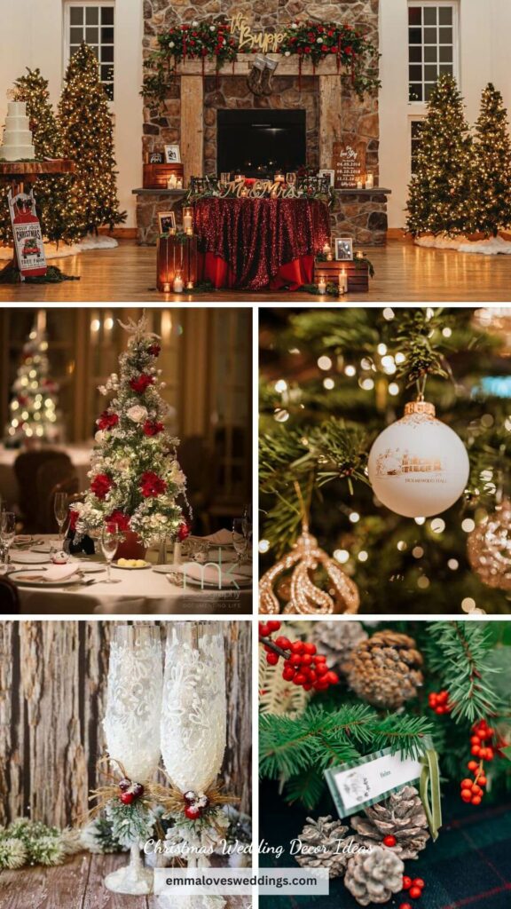 Using Christmas ornaments and a Christmas tree as part of the wedding reception decor is one of a kind and festive idea for a wedding with a Christmas theme.