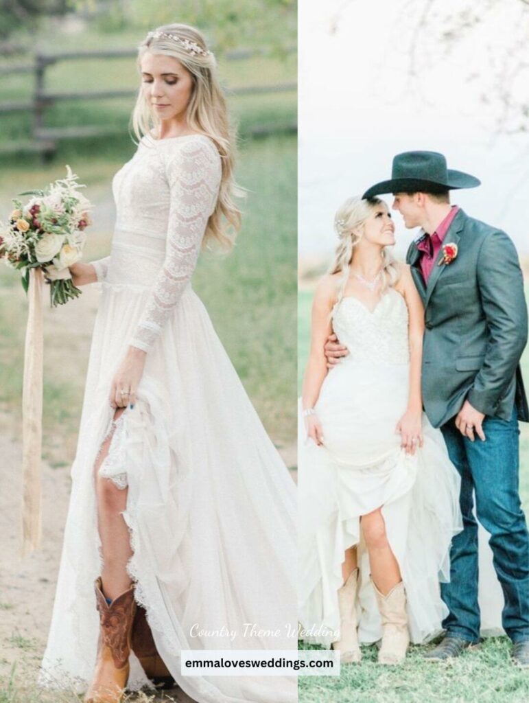 Wedding attire consists of a white dress and boots to create a country feel.