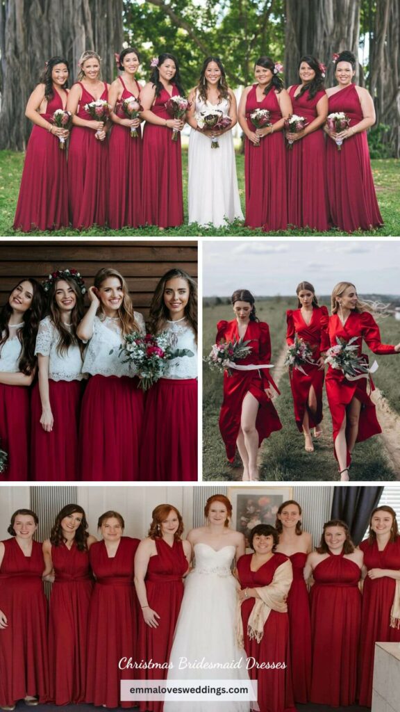 Wedding dresses in classic red for bridesmaids and white for the bride never go out of style during a Christmas nuptials