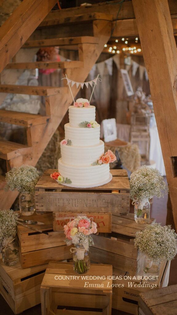 Wine crates and wooden boxes can be used to create a stunning rustic display for your wedding cake.