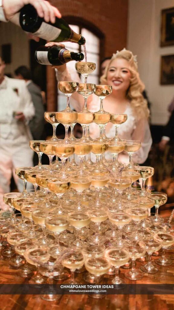 A Champagne tower is a time honored choice for enhancing the ambiance of your cocktail hour.