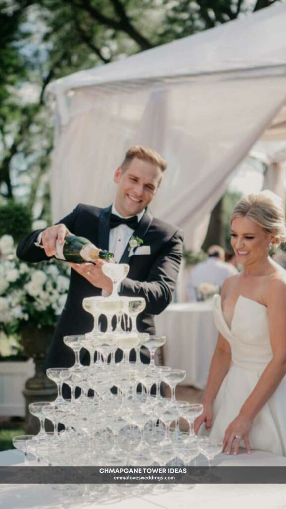 A Champagne tower is a timeless cocktail hour decoration that signals the start of the celebration.
