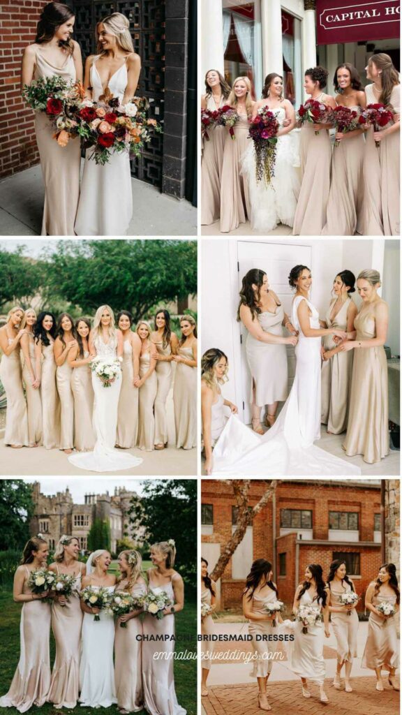 A Chic idea that will go well with the rest of the wedding is champagne colored dresses for the bridesmaids.