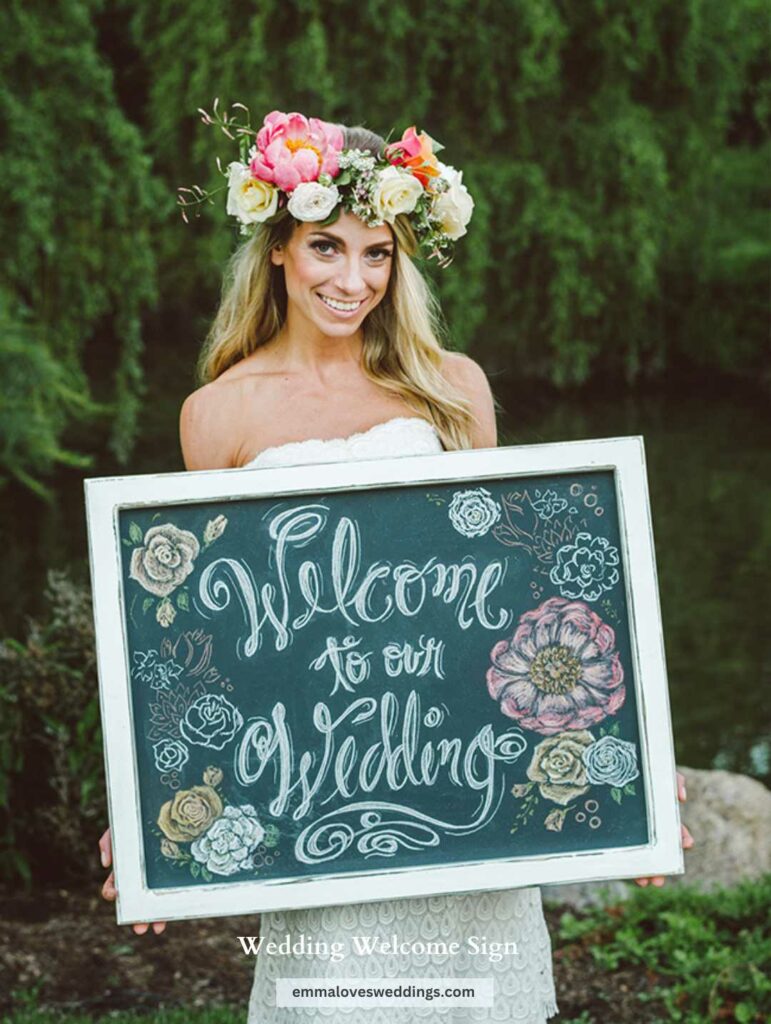 A bold idea for the wedding reception is a chalkboard welcome sign.