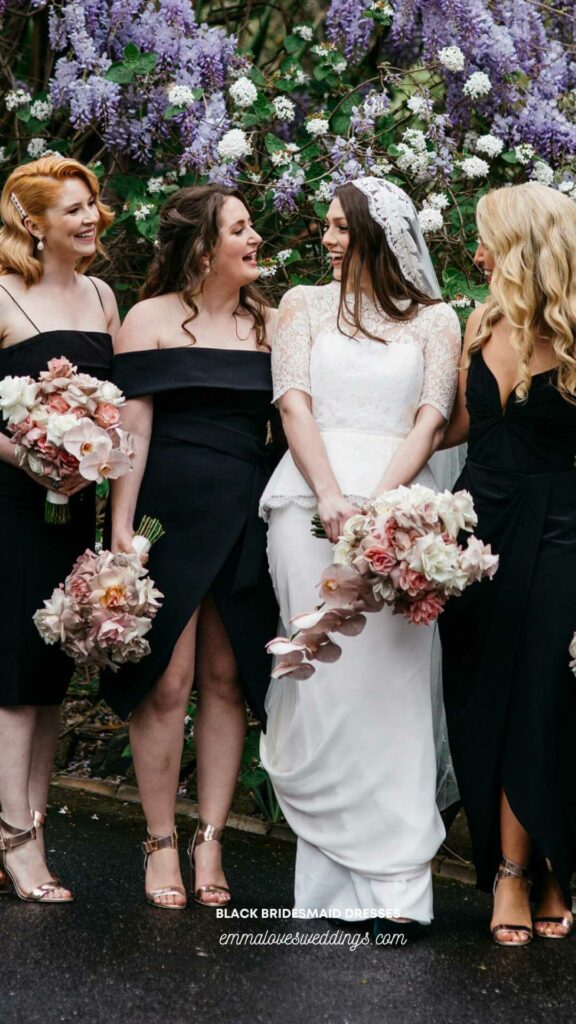 A chic idea Bridesmaids in mismatched black dresses