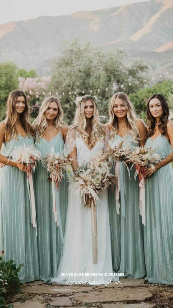 A lovely idea for the bridal party is silver sage dresses paired with a blush bouquet.