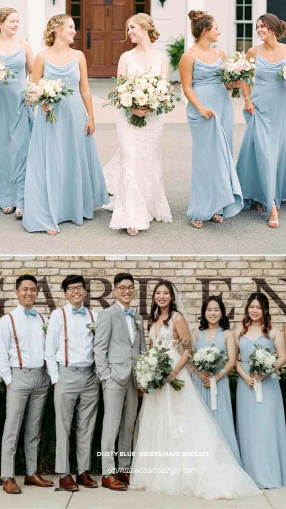 A timeless color for bridesmaid dresses is dusty blue which is appropriate for weddings in any season.