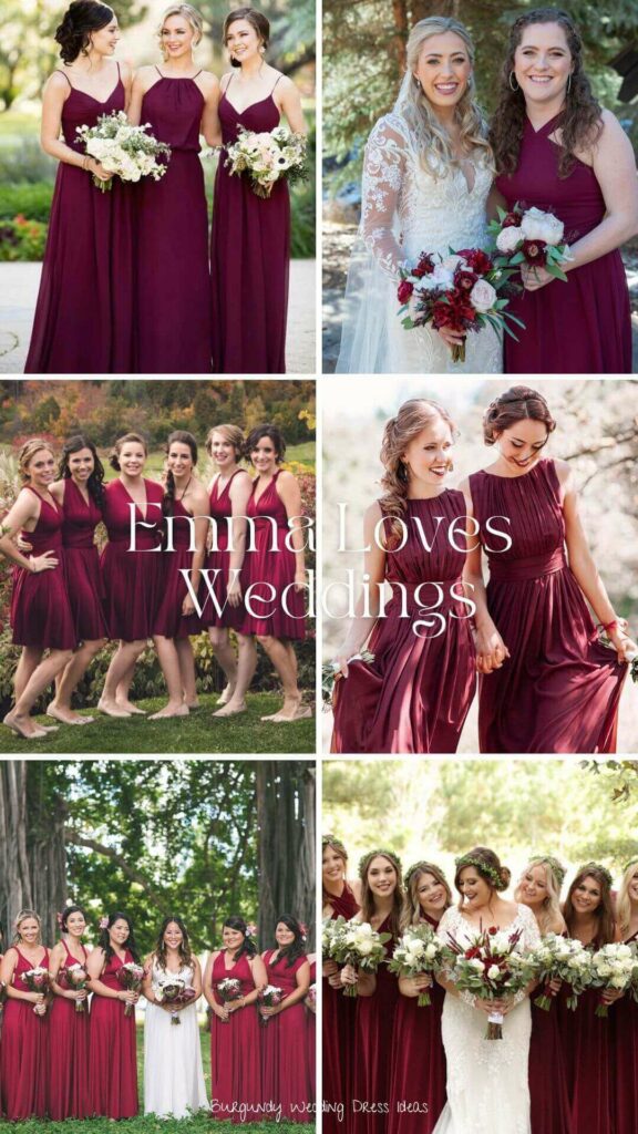 A wedding dress in burgundy is an excellent option for a bridesmaid.