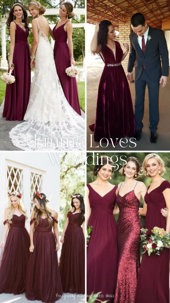 All of the bridesmaids will sparkle in these lovely burgundy wedding dresses