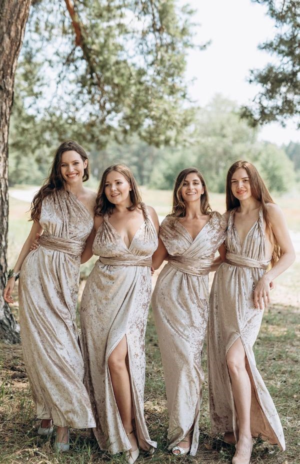 Beautiful long bridesmaid dress in marble velvet and champagne gold.