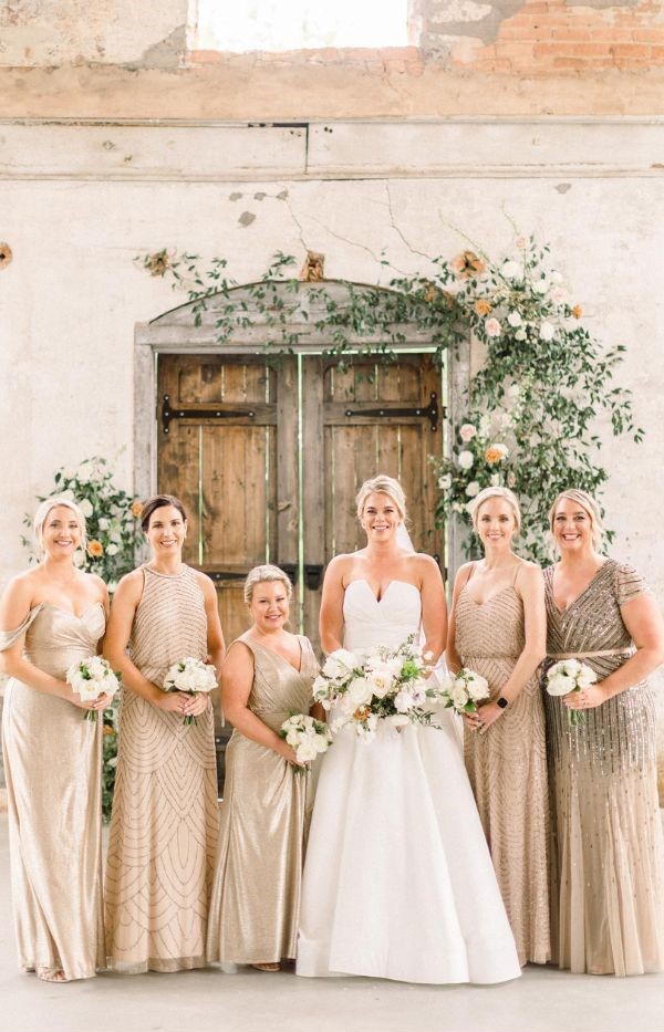 Bridesmaid dresses with champagne sequins, beaded v-necks or halter necks to mix and match.